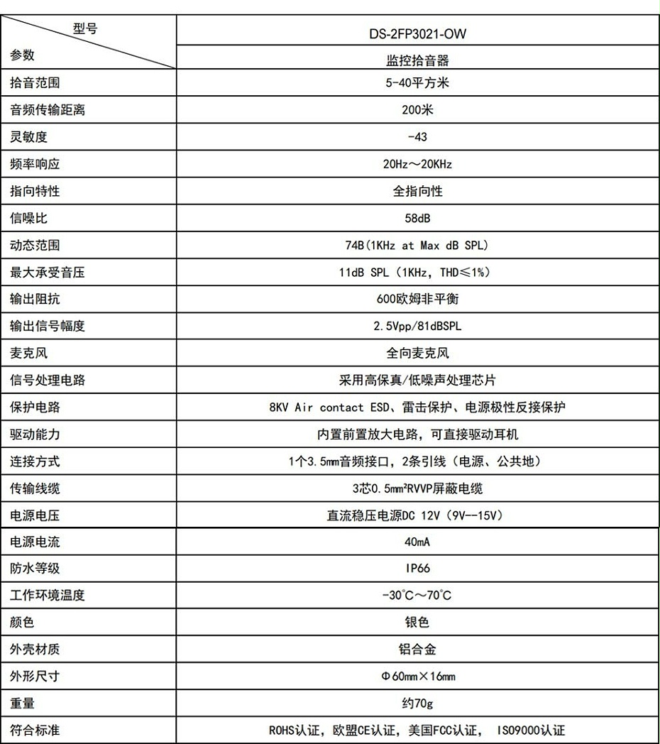 ?？低旸S-2FP3021-OW(國內標配) 監(jiān)控攝像頭專用拾音器